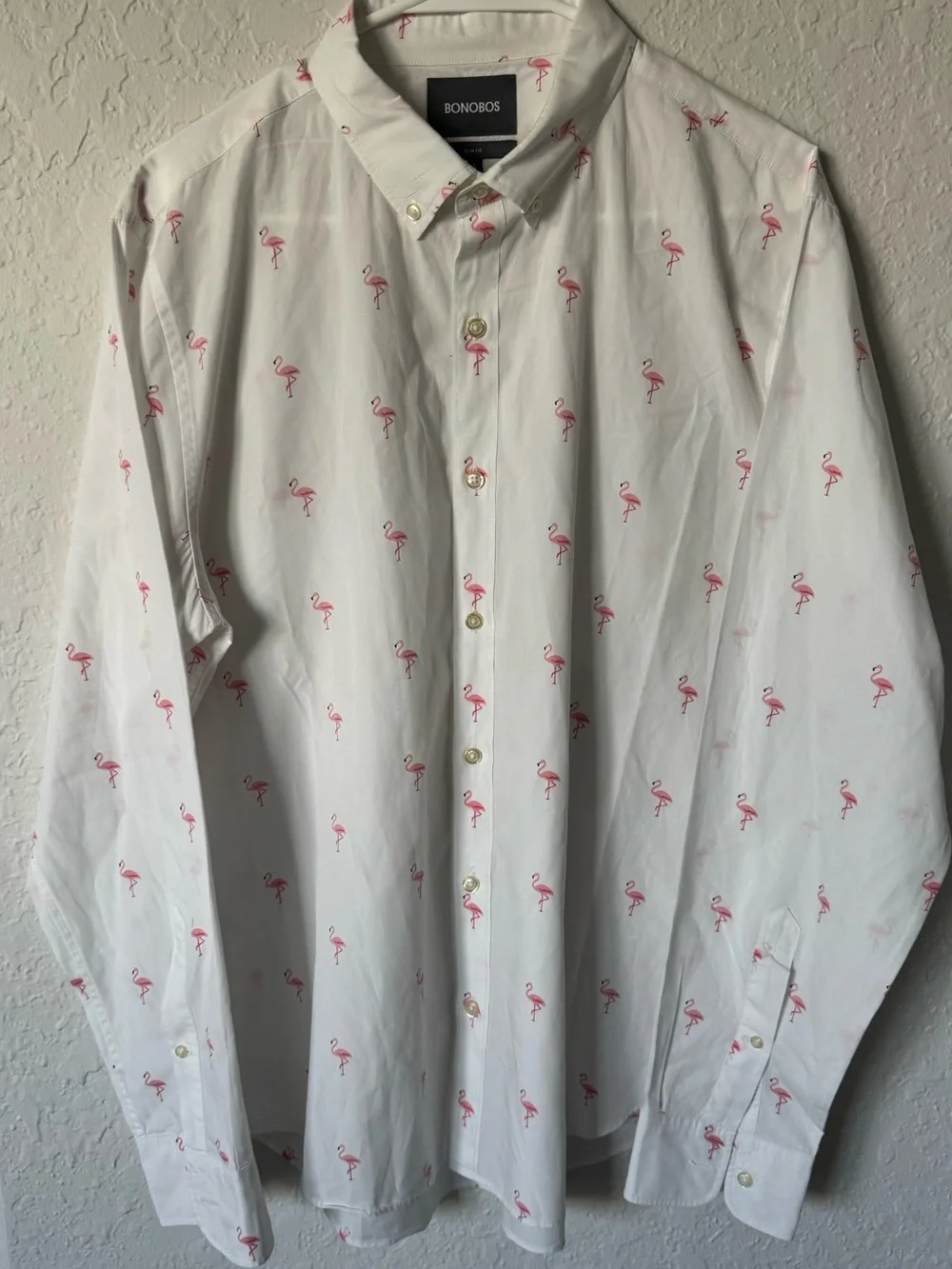 Bonobos White Button-Down Shirt with Pink Flamingo Print